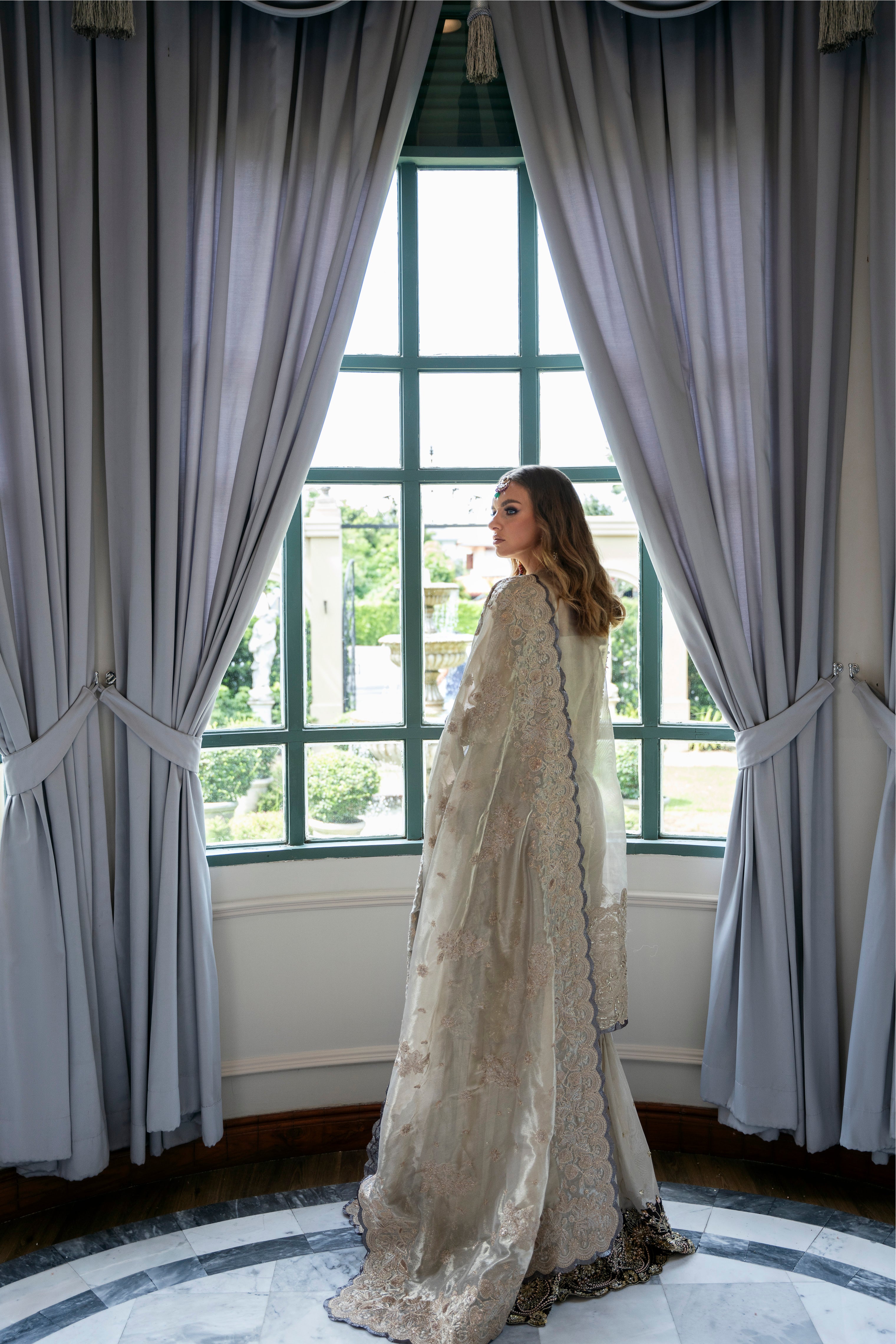 Champagne Gold Beaded Tissue & Net Lehenga (3-Piece) - Image 7