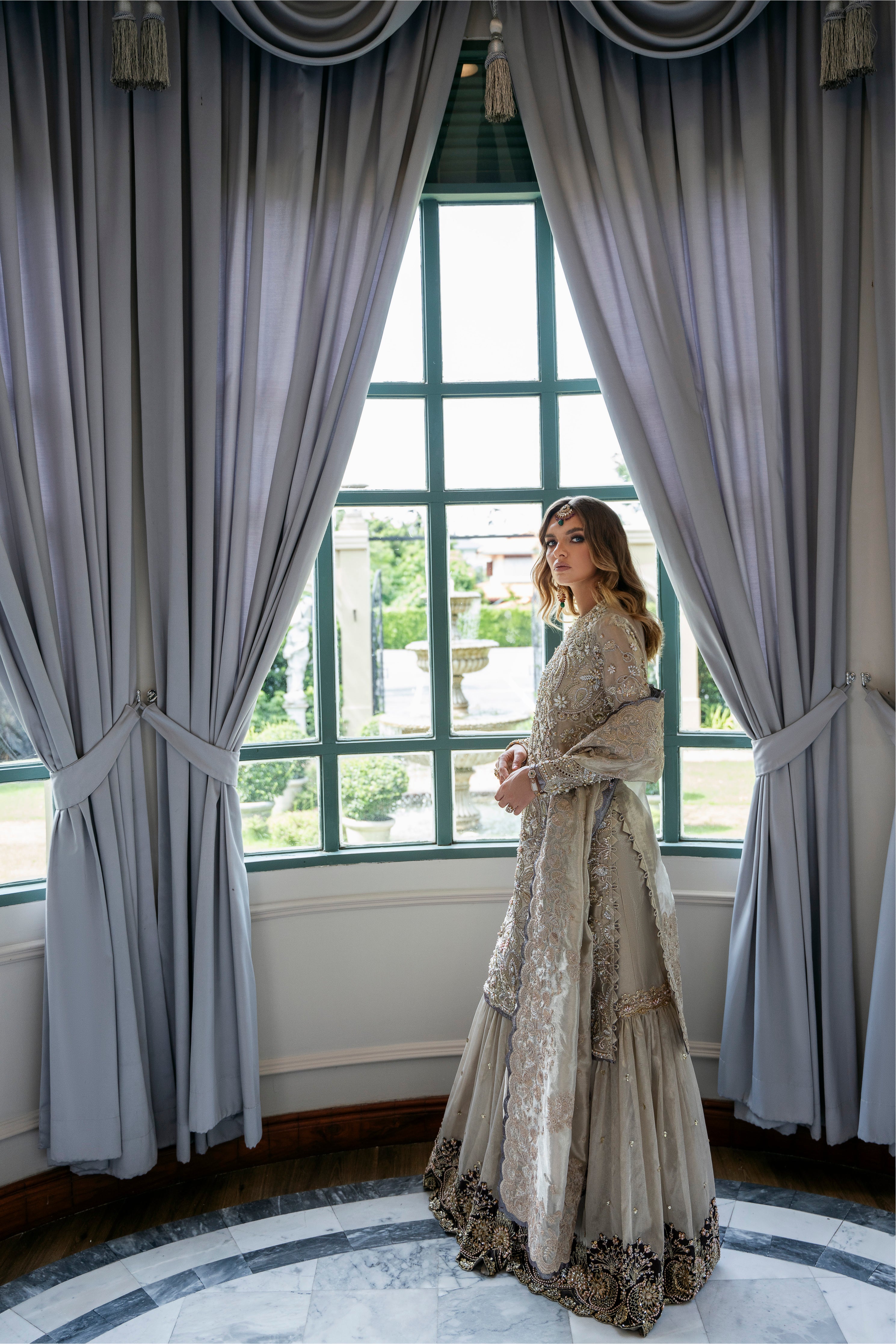 Champagne Gold Beaded Tissue & Net Lehenga (3-Piece) - Image 8