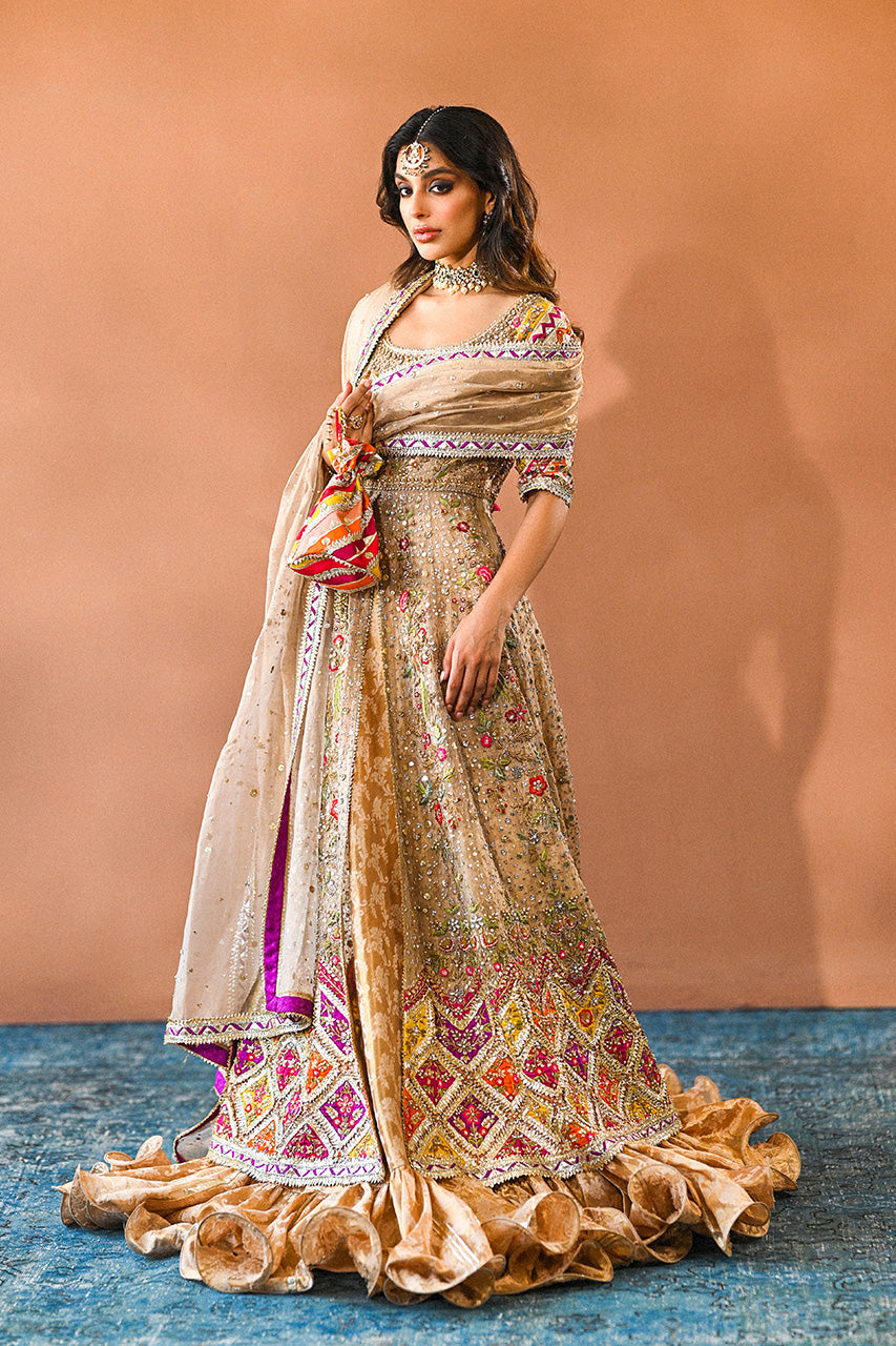 Pakistani Copper Embroidered Tissue Brocade Peshwas & Lehnga (3-Piece) - Image 1