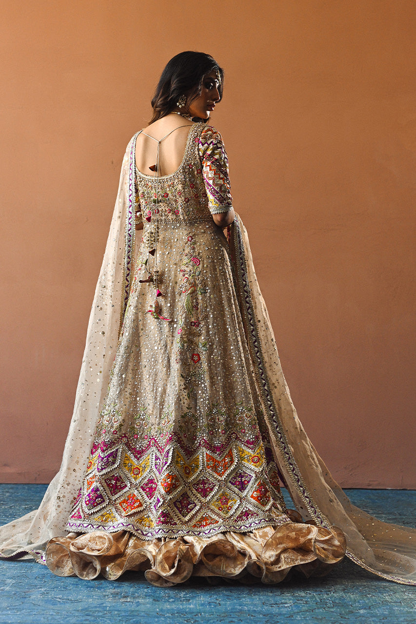 Pakistani Copper Embroidered Tissue Brocade Peshwas & Lehnga (3-Piece) - Image 2