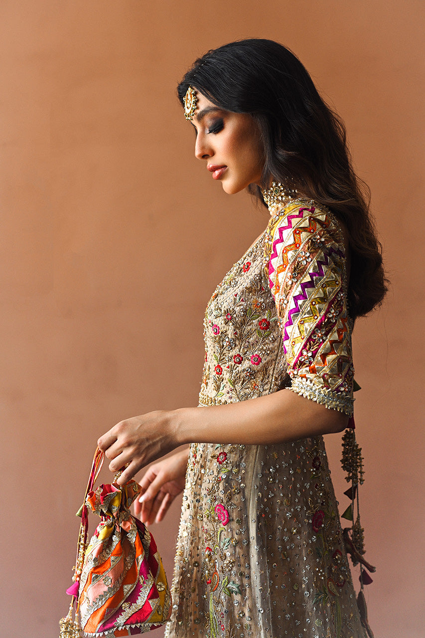 Pakistani Copper Embroidered Tissue Brocade Peshwas & Lehnga (3-Piece) - Image 4