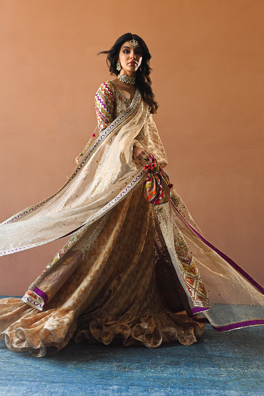 Pakistani Copper Embroidered Tissue Brocade Peshwas & Lehnga (3-Piece) - Image 5