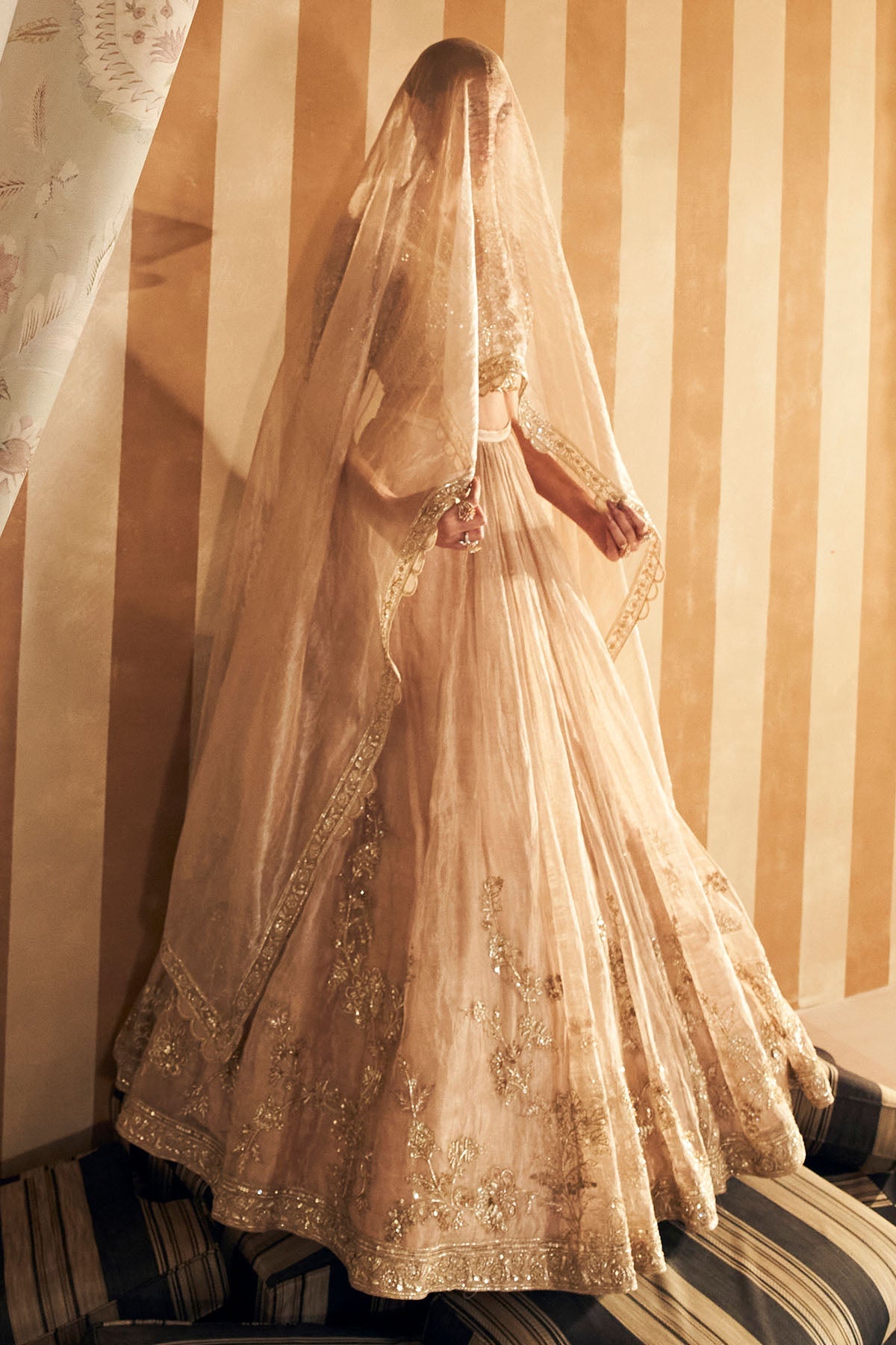 Gold Hand-Embroidered Tissue & Net Bridal Lehenga (3-Piece) - Image 3