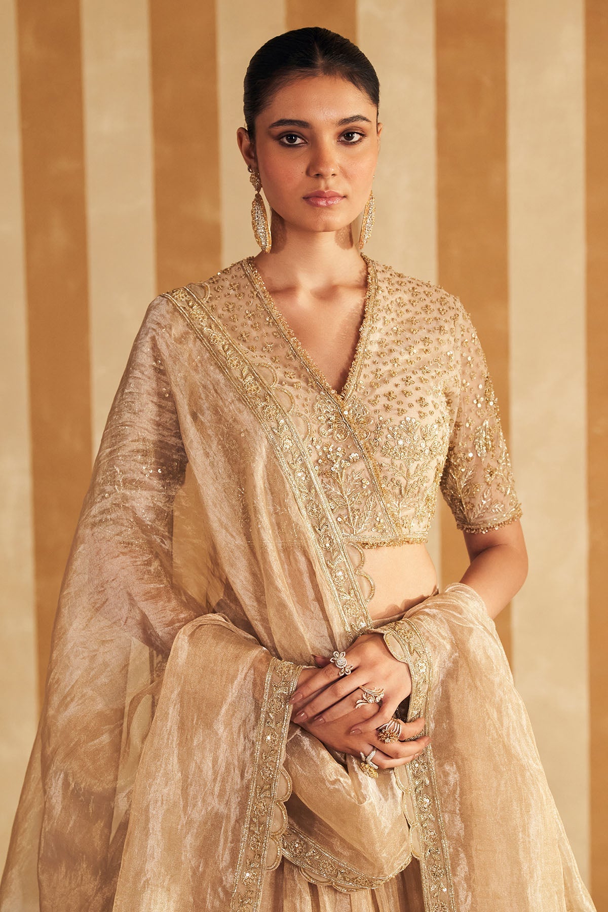 Gold Hand-Embroidered Tissue & Net Bridal Lehenga (3-Piece) - Image 5