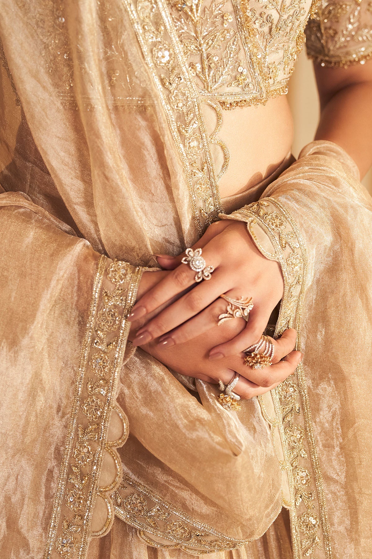 Gold Hand-Embroidered Tissue & Net Bridal Lehenga (3-Piece) - Image 6