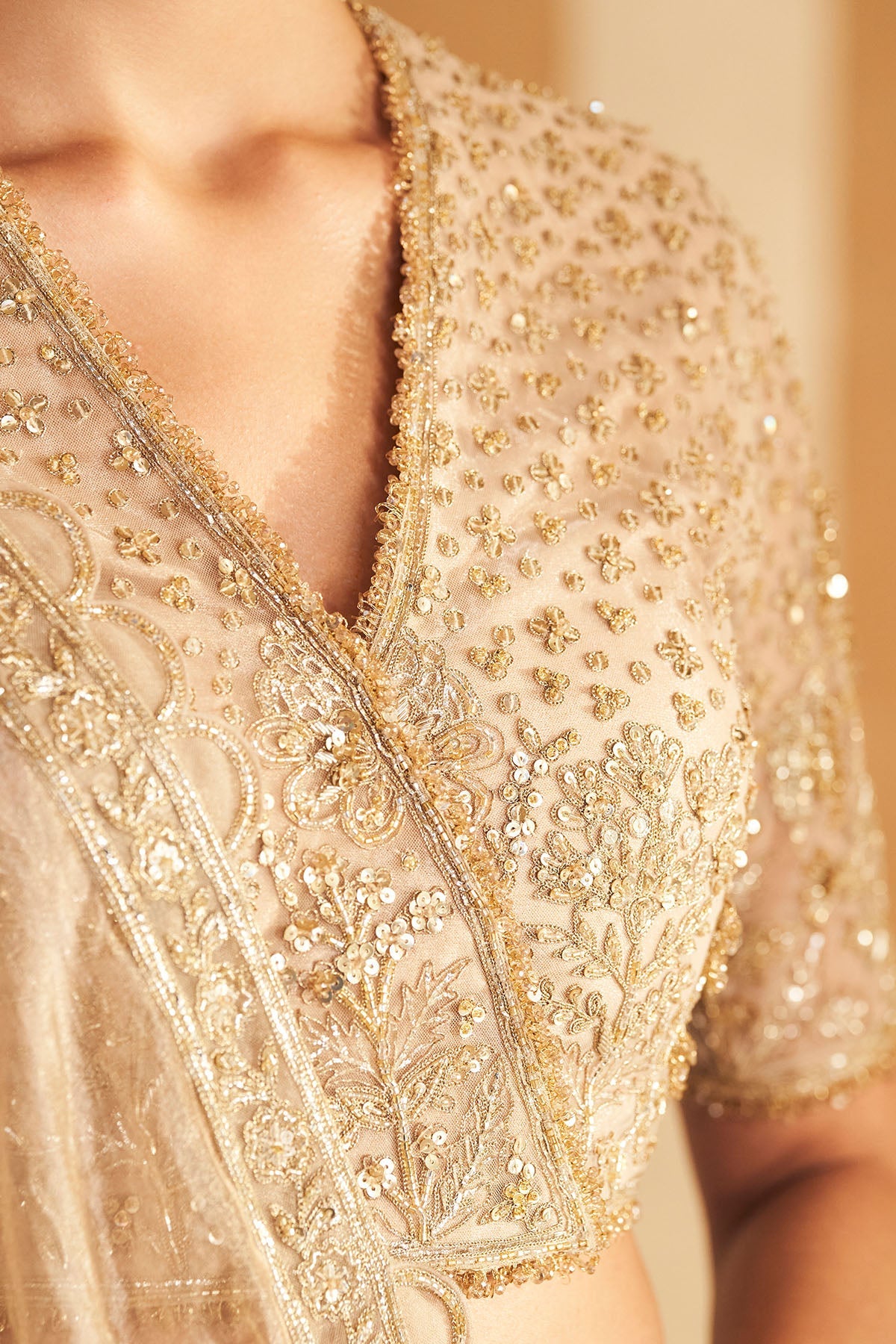 Gold Hand-Embroidered Tissue & Net Bridal Lehenga (3-Piece) - Image 7