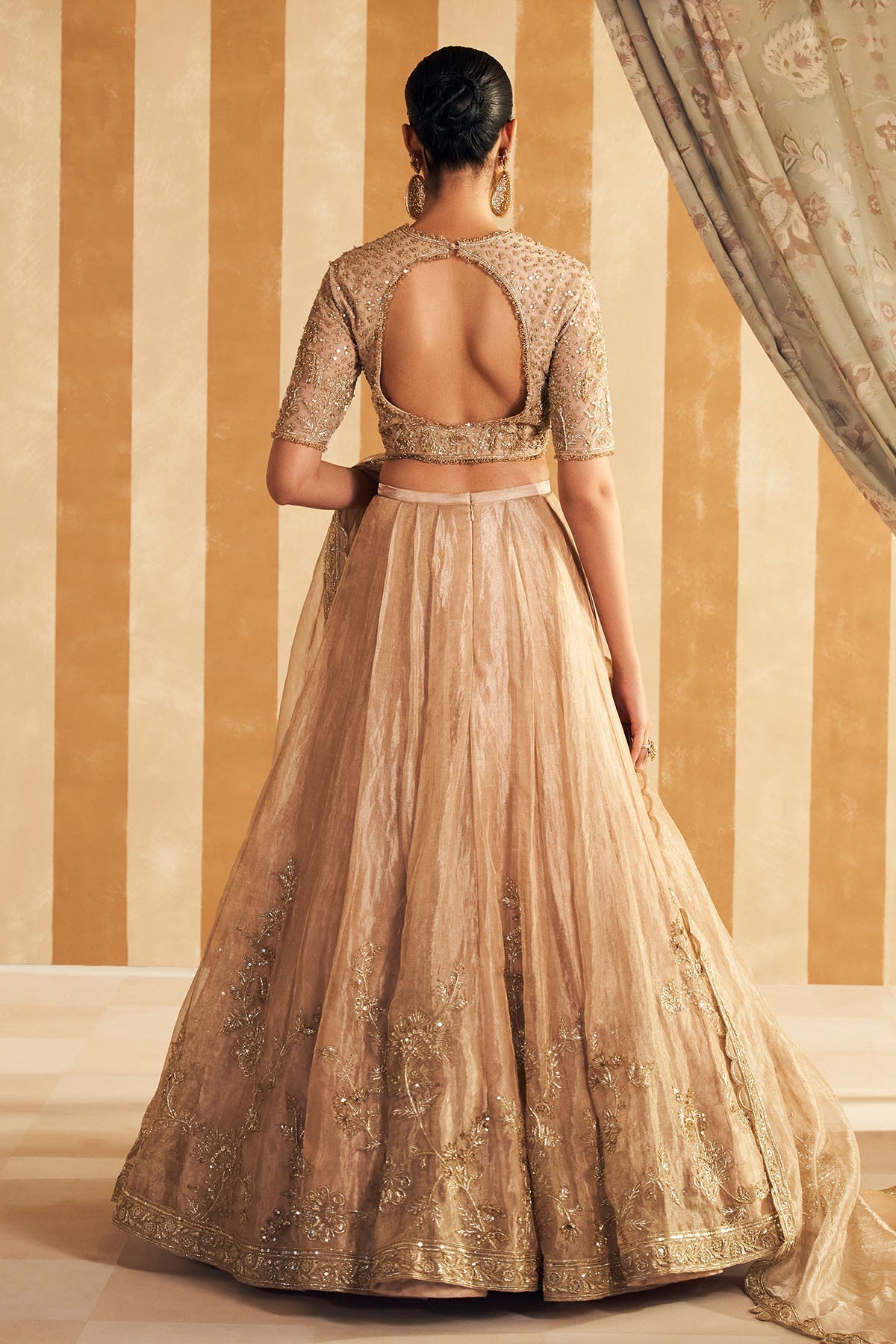 Gold Hand-Embroidered Tissue & Net Bridal Lehenga (3-Piece) - Image 9