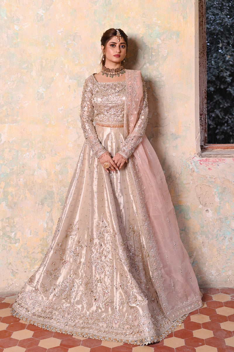 Pakistani Champagne Gota Embroidered Tissue Lehenga (3-Piece) - Image 1