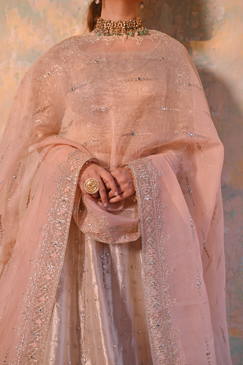 Pakistani Champagne Gota Embroidered Tissue Lehenga (3-Piece) - Image 5