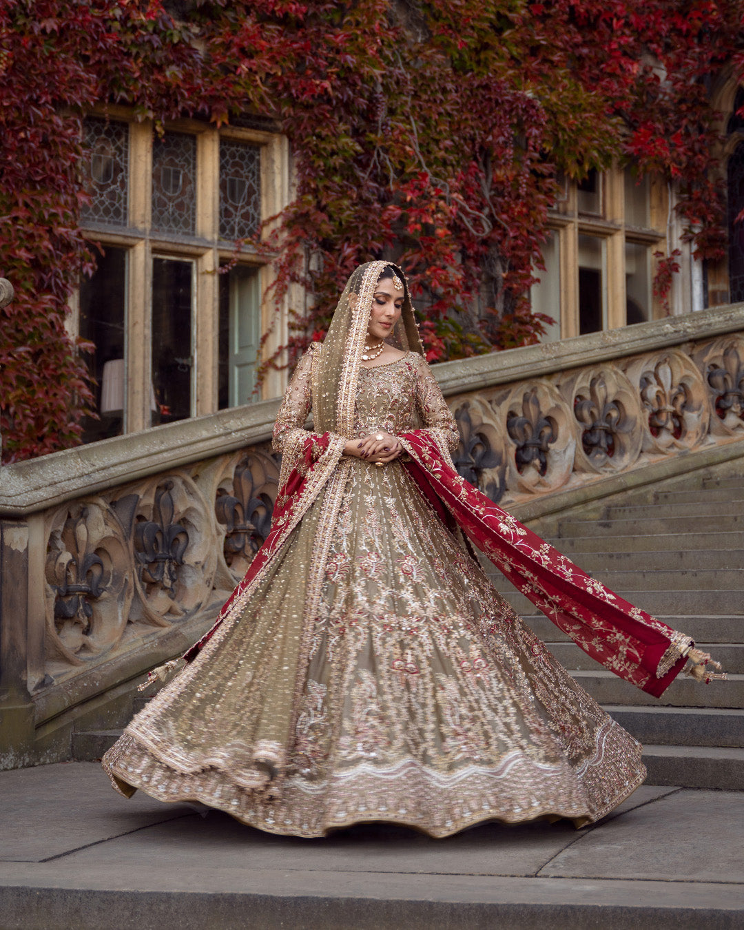 Pakistani Gold & Red Hand-Embellished Tissue Lehenga Choli (3-Piece) - Image 2
