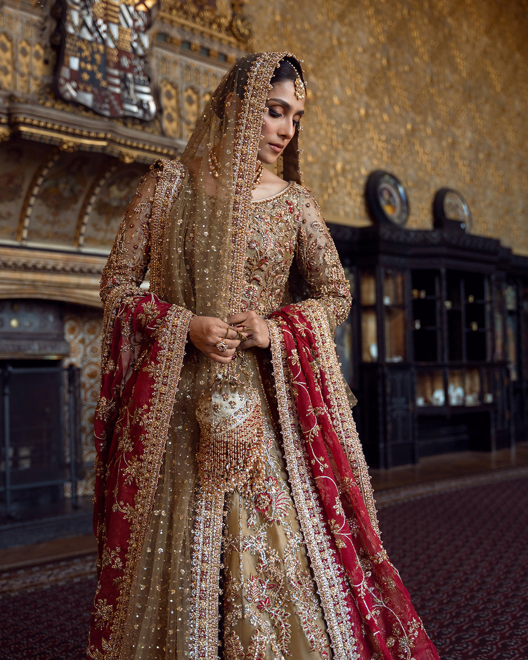 Pakistani Gold & Red Hand-Embellished Tissue Lehenga Choli (3-Piece) - Image 6