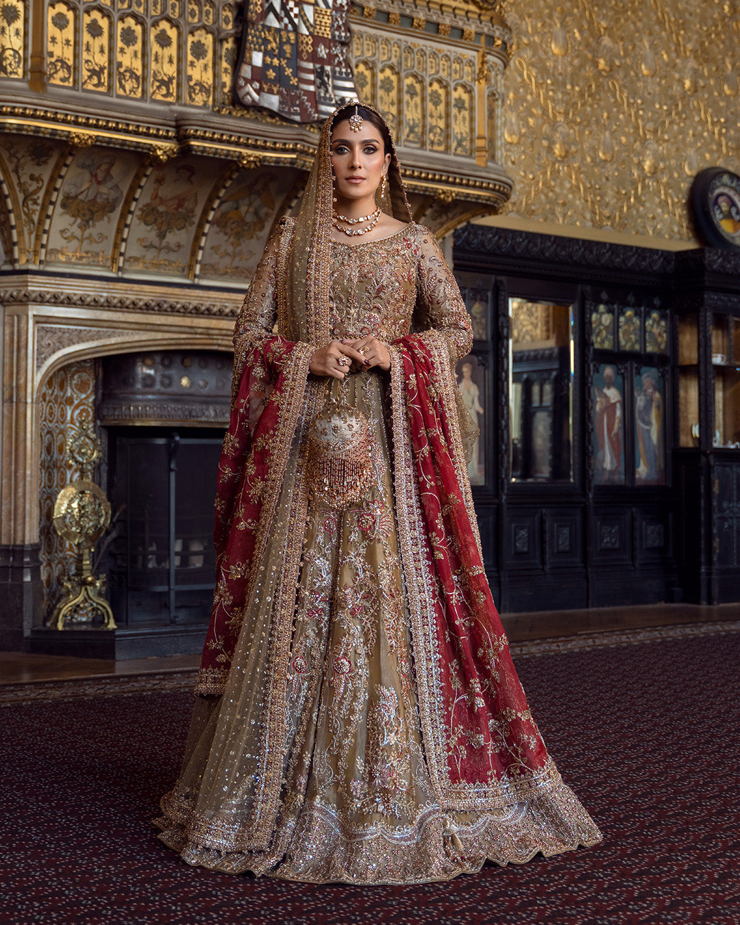 Pakistani Gold & Red Hand-Embellished Tissue Lehenga Choli (3-Piece) - Image 7