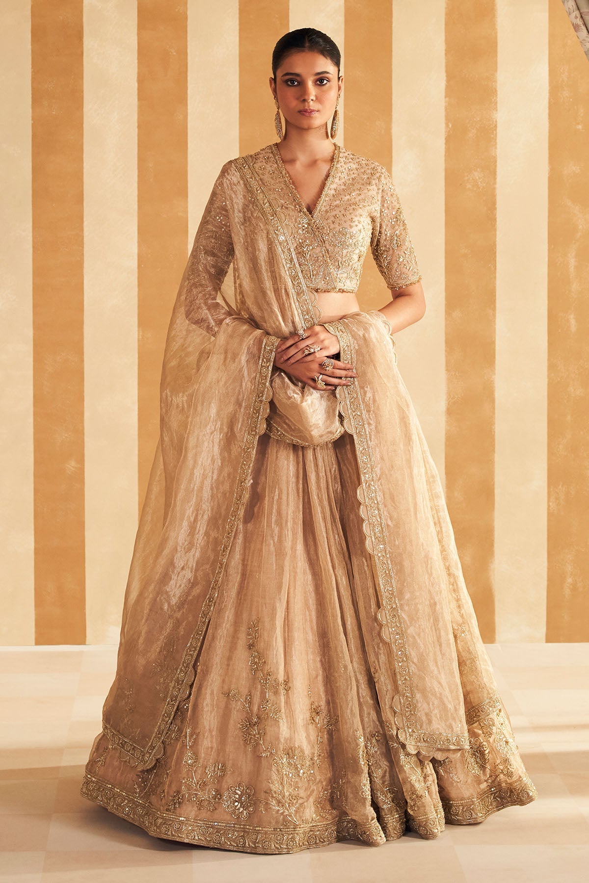 Indian Gold Hand-Embroidered Tissue & Net Lehenga (3-Piece) - Image 5