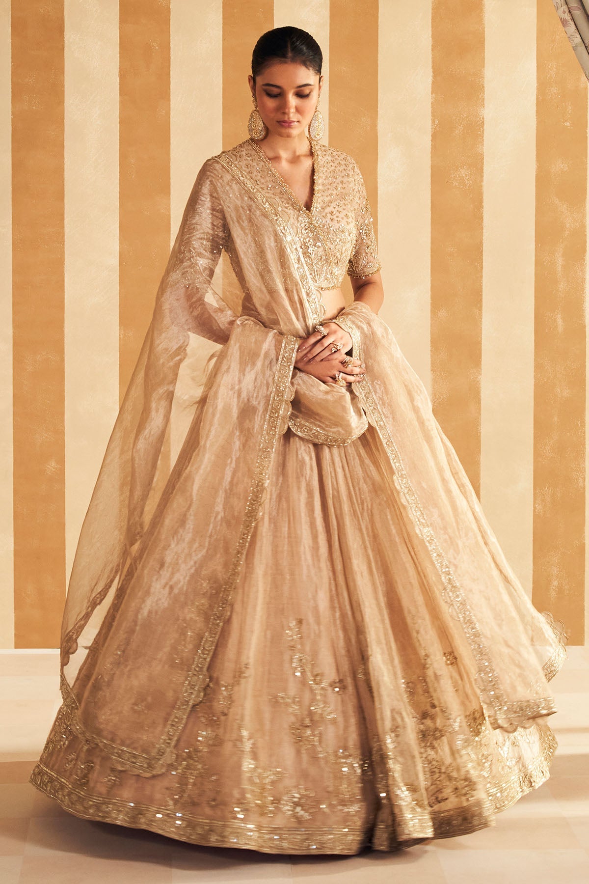 Indian Gold Hand-Embroidered Tissue & Net Lehenga (3-Piece) - Image 6