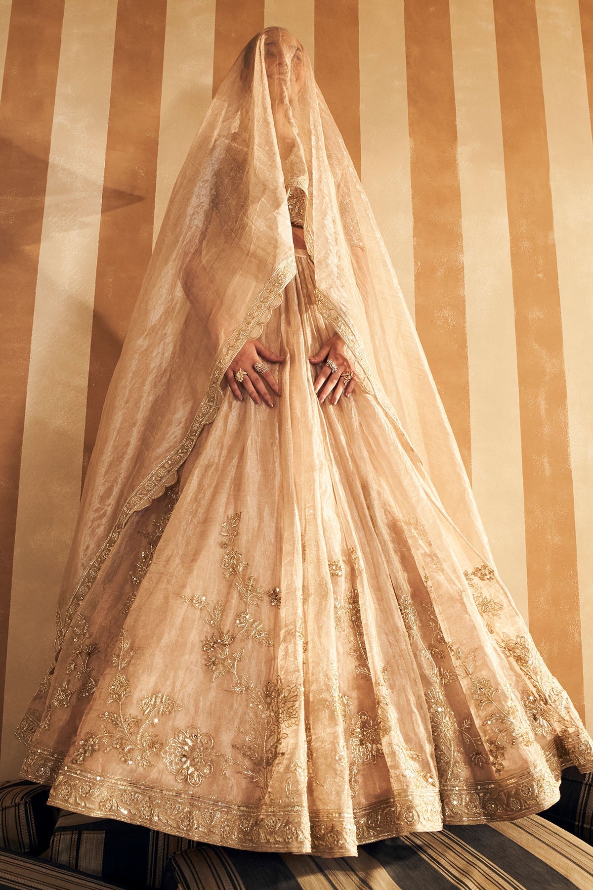 Indian Gold Hand-Embroidered Tissue & Net Lehenga (3-Piece) - Image 8