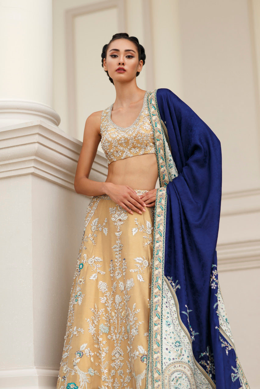 Pakistani Gold Hath Aari Resham Tissue Lehenga (3-Piece) - Image 1