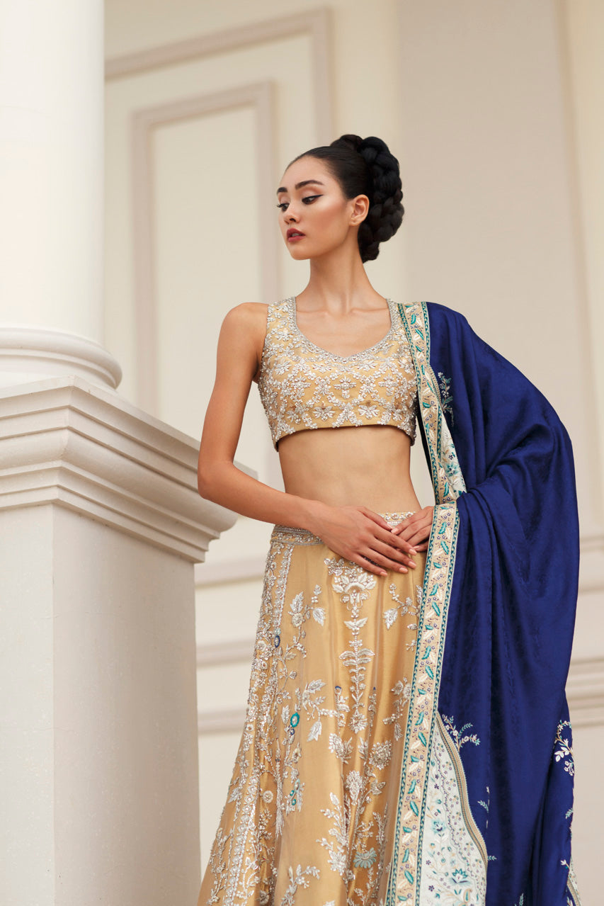 Pakistani Gold Hath Aari Resham Tissue Lehenga (3-Piece) - Image 2