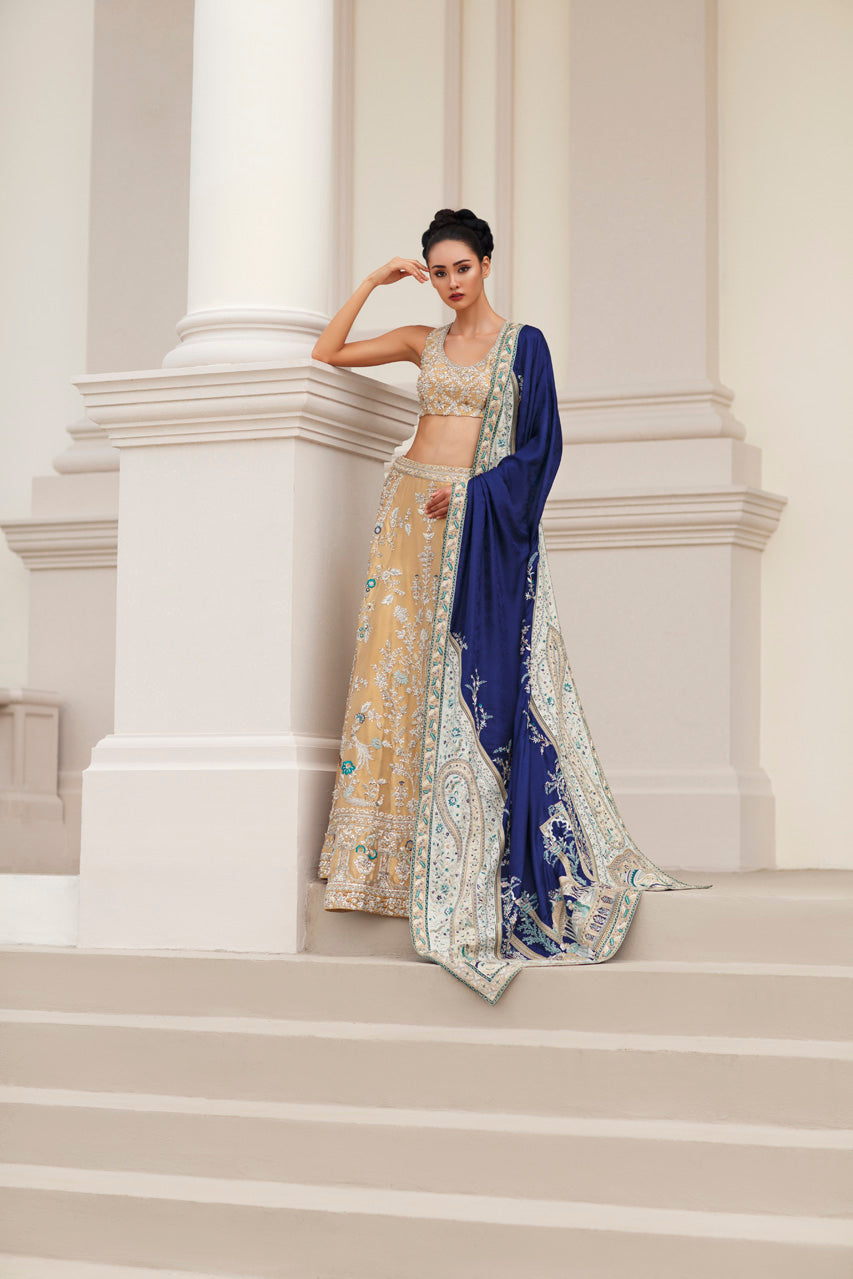 Pakistani Gold Hath Aari Resham Tissue Lehenga (3-Piece) - Image 4