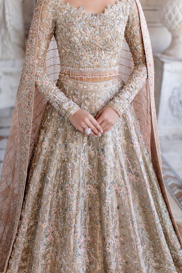 Pakistani Gold Embellished Tissue Bridal Lehenga (3-Piece) - Image 2