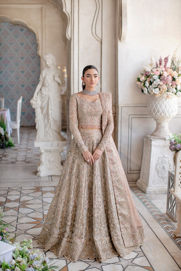 Pakistani Gold Embellished Tissue Bridal Lehenga (3-Piece) - Image 6