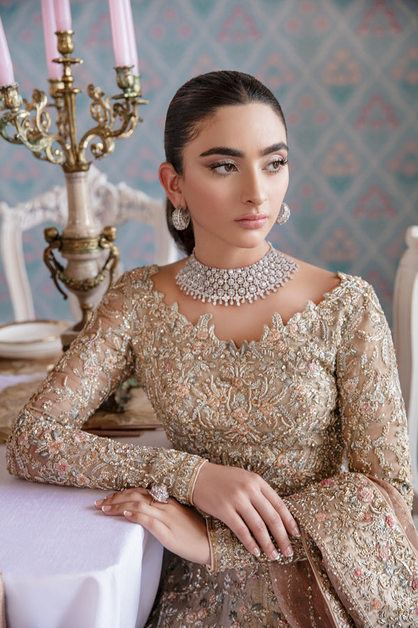 Pakistani Gold Embellished Tissue Bridal Lehenga (3-Piece) - Image 8