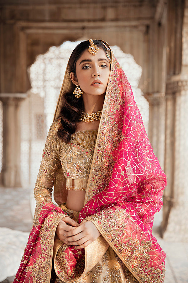 Pakistani Gold Hand Embellished Tissue Lehenga (3-Piece) - Image 6