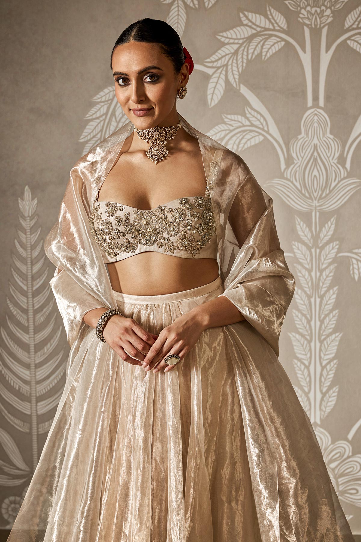 Indian Water Gold Embroidered Tissue Lehenga Set (3-Piece) - Image 2