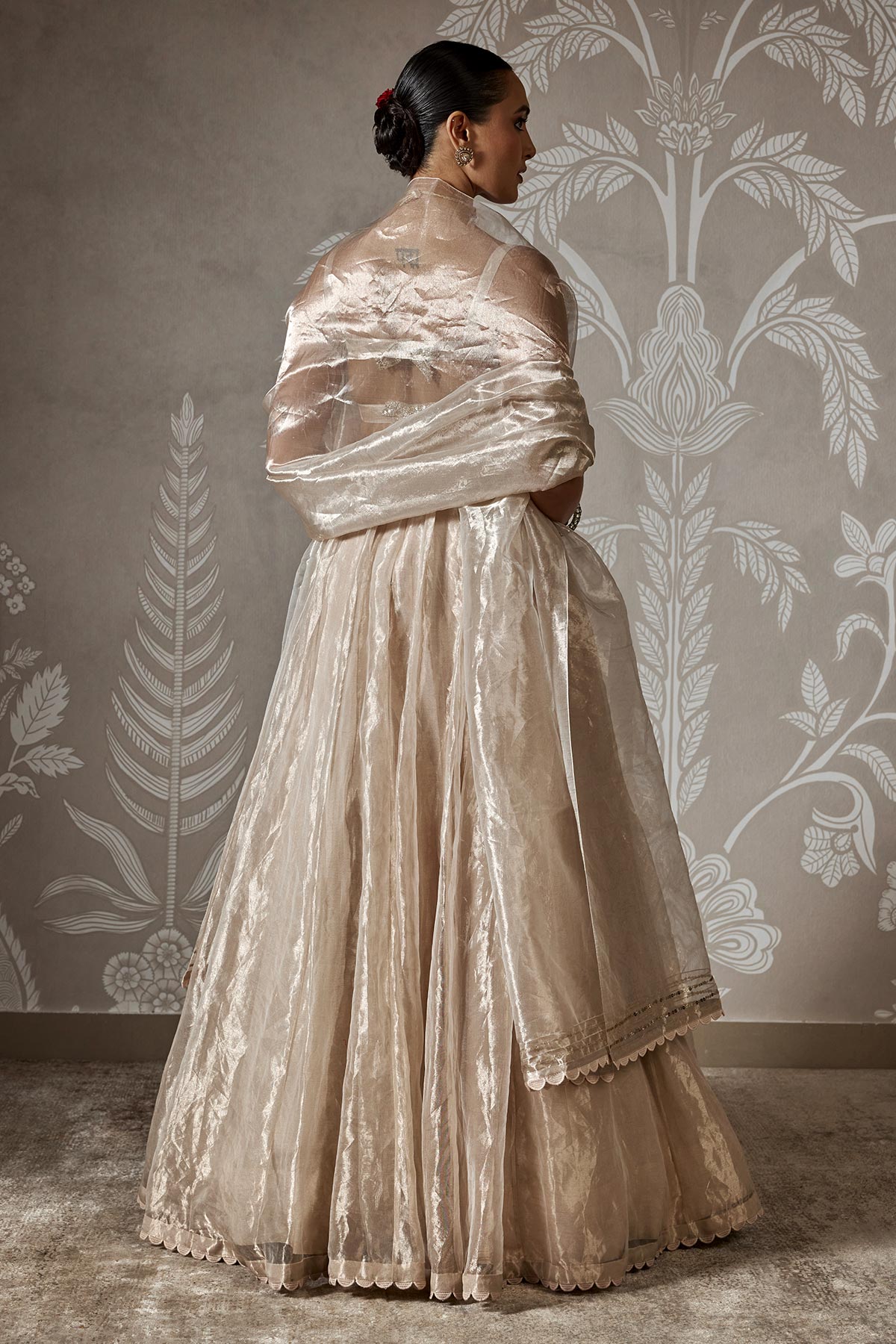 Indian Water Gold Embroidered Tissue Lehenga Set (3-Piece) - Image 4