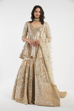 Gold Hand-Embroidered Net Peplum Skirt Set (3-Piece) - Image 1