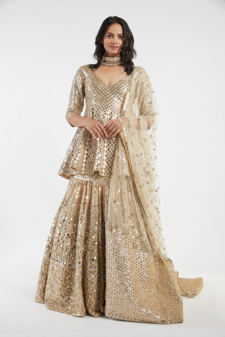 Gold Hand-Embroidered Net Peplum Skirt Set (3-Piece) - Image 2