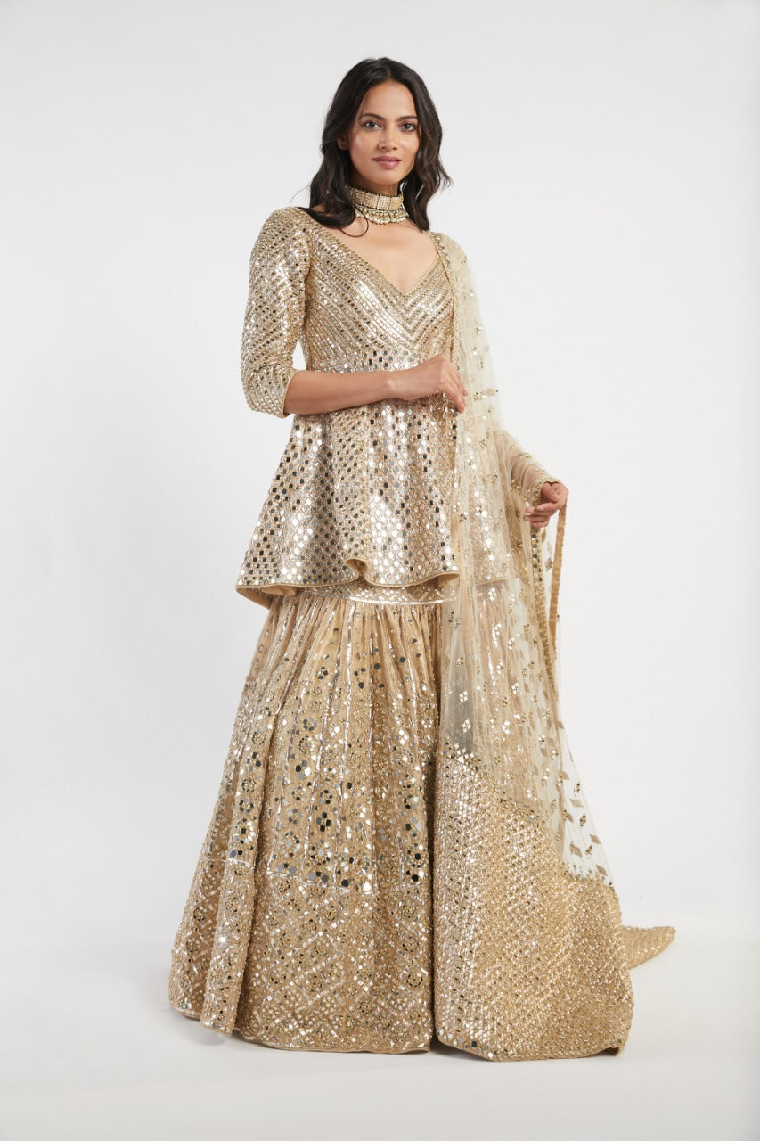 Gold Hand-Embroidered Net Peplum Skirt Set (3-Piece) - Image 3