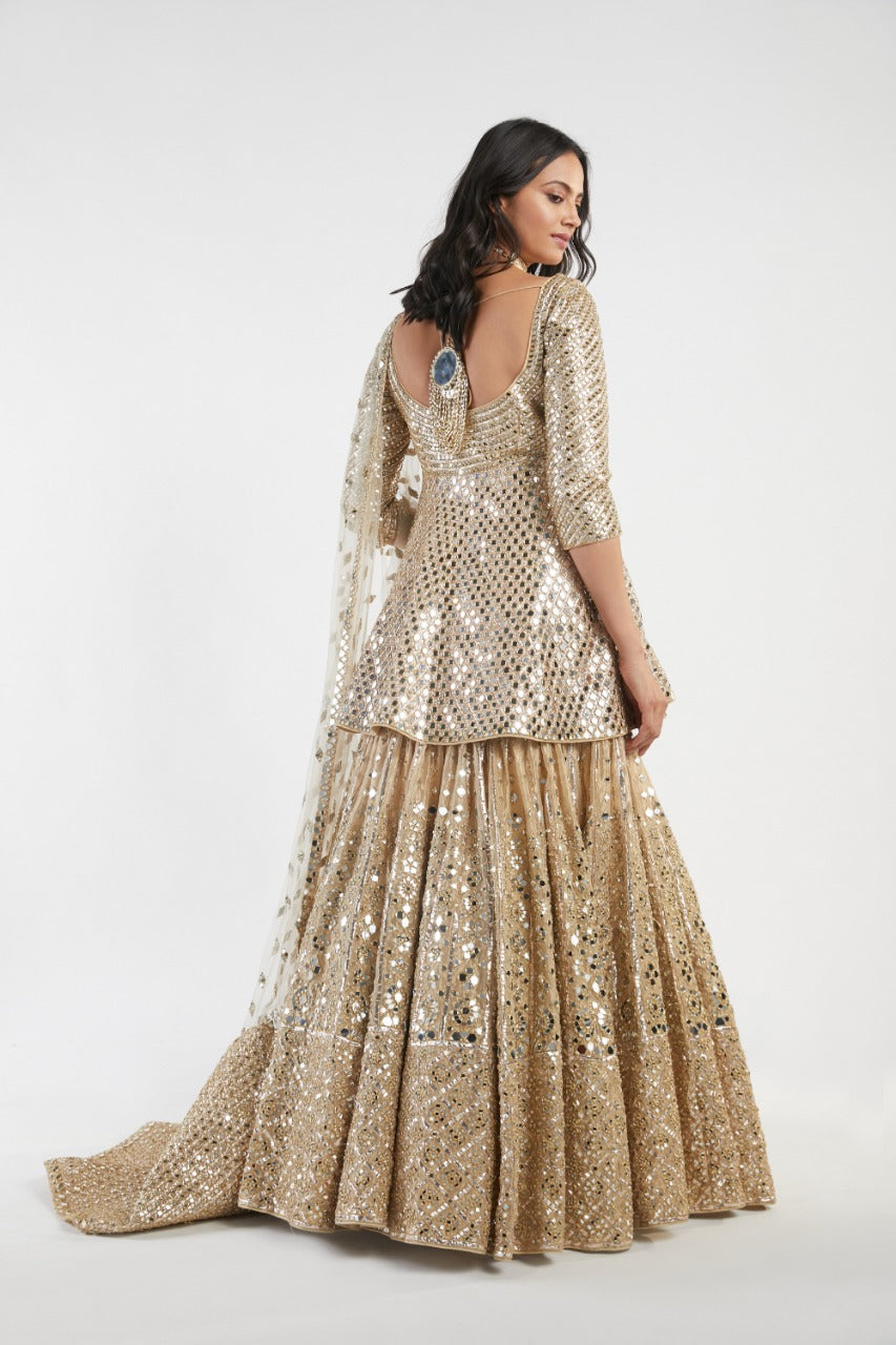 Gold Hand-Embroidered Net Peplum Skirt Set (3-Piece) - Image 4