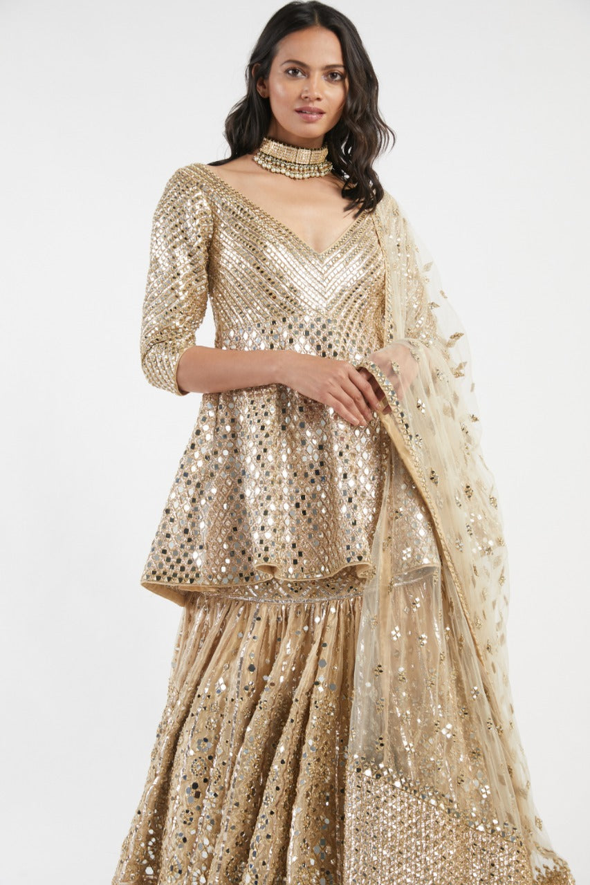 Gold Hand-Embroidered Net Peplum Skirt Set (3-Piece) - Image 5