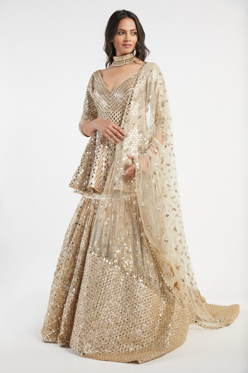 Gold Hand-Embroidered Net Peplum Skirt Set (3-Piece) - Image 6