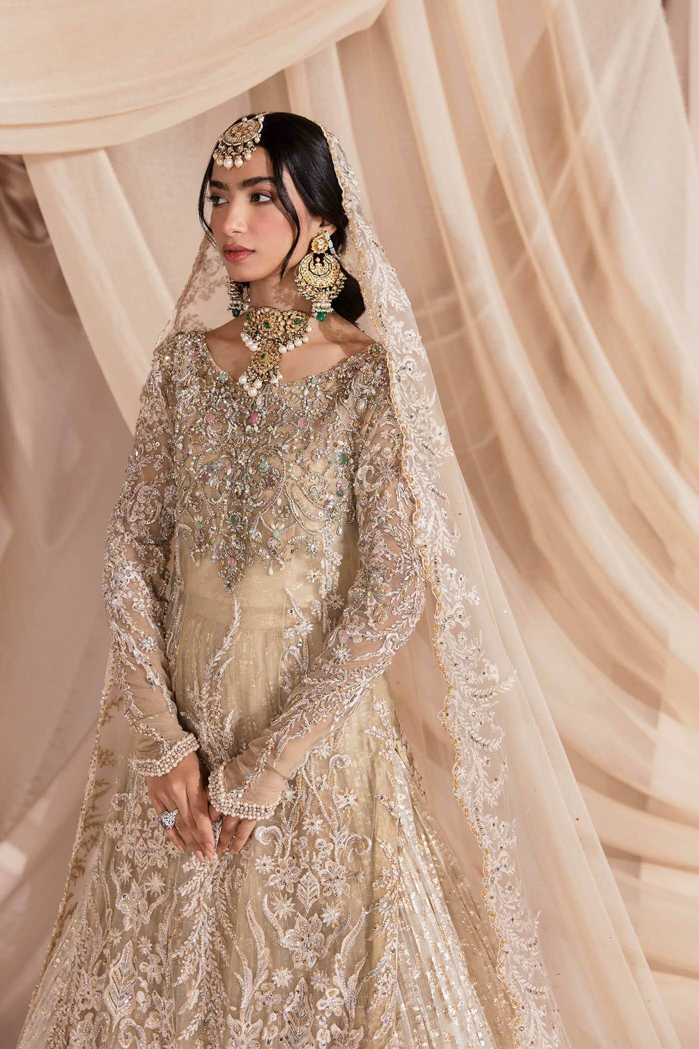 Champagne Zardozi Net & Organza Bridal Lehenga (3-Piece) - Image 3