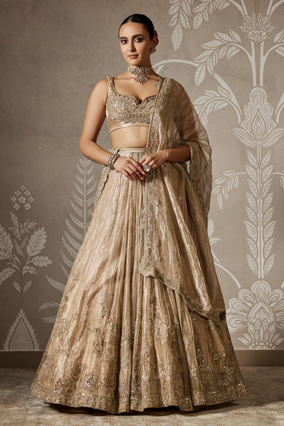 Gunmetal Gold Embroidered Tissue Lehenga Set (3-Piece) - Image 1