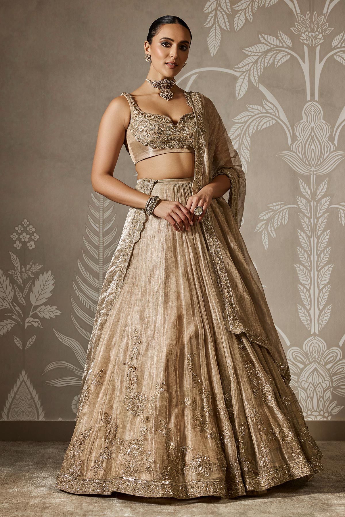 Gunmetal Gold Embroidered Tissue Lehenga Set (3-Piece) - Image 2