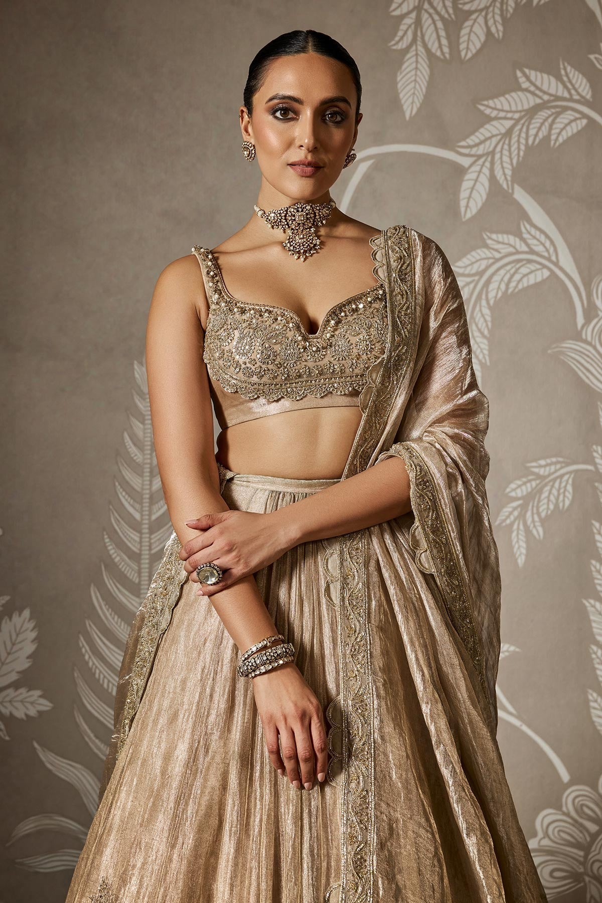 Gunmetal Gold Embroidered Tissue Lehenga Set (3-Piece) - Image 3