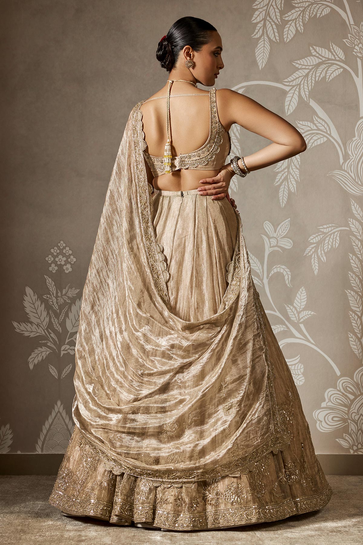 Gunmetal Gold Embroidered Tissue Lehenga Set (3-Piece) - Image 4