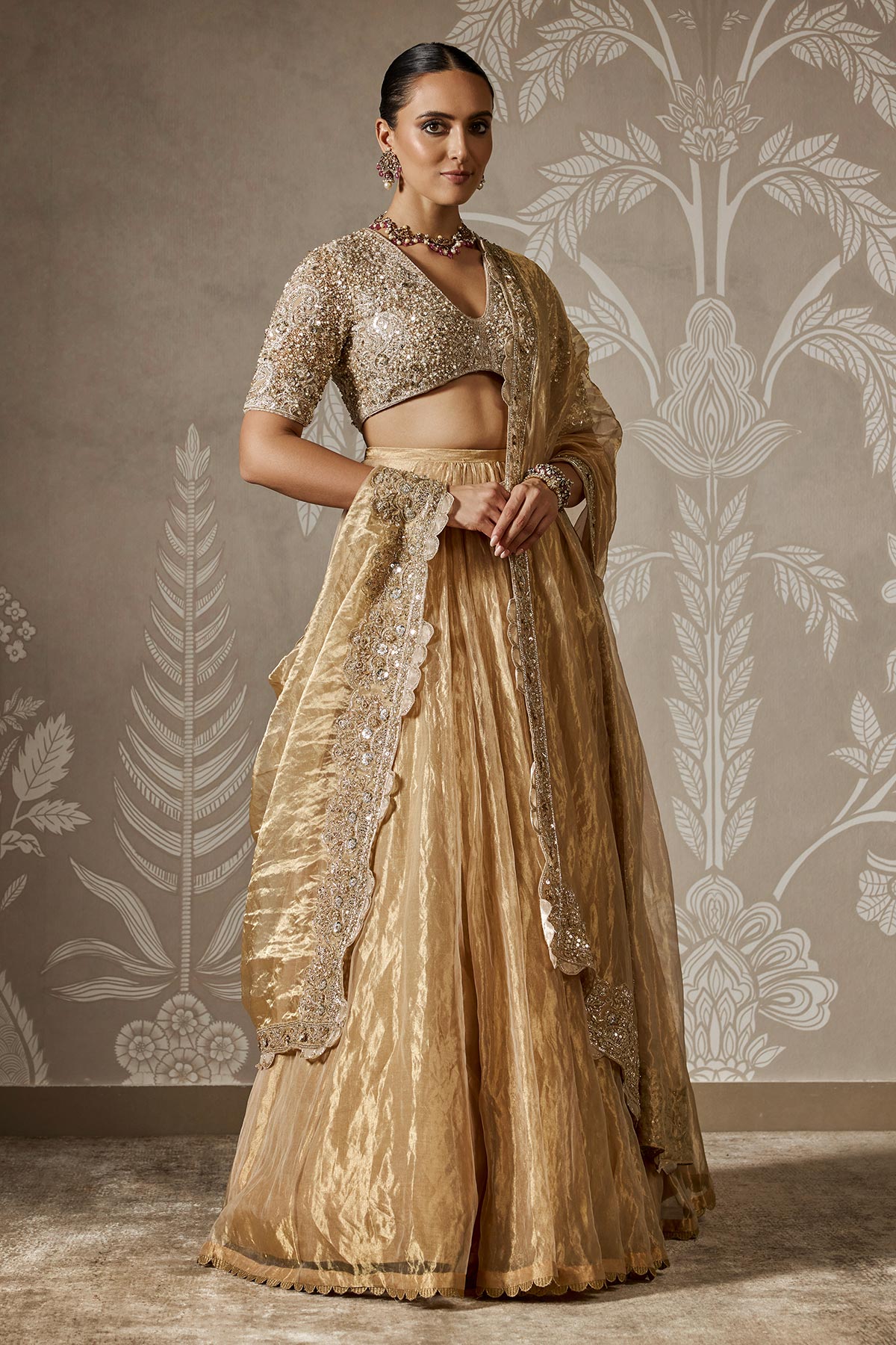 Indian Deep Gold Embroidered Net & Tissue Lehenga (3-Piece) - Image 1