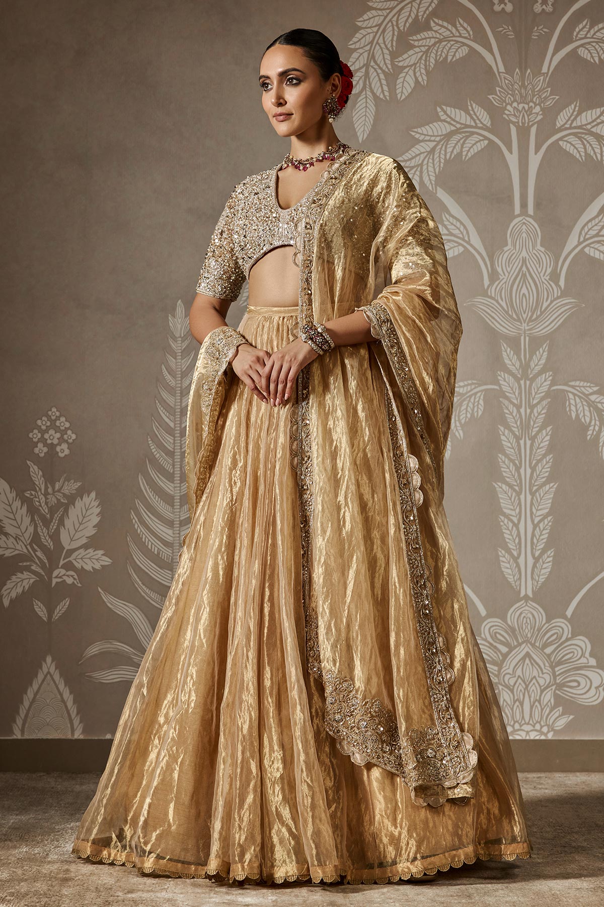 Indian Deep Gold Embroidered Net & Tissue Lehenga (3-Piece) - Image 2