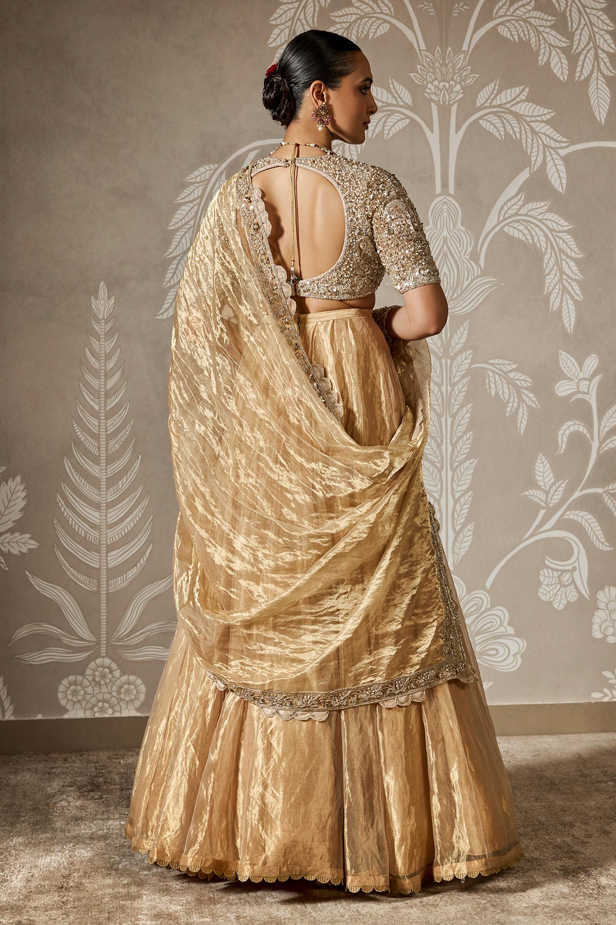 Indian Deep Gold Embroidered Net & Tissue Lehenga (3-Piece) - Image 4