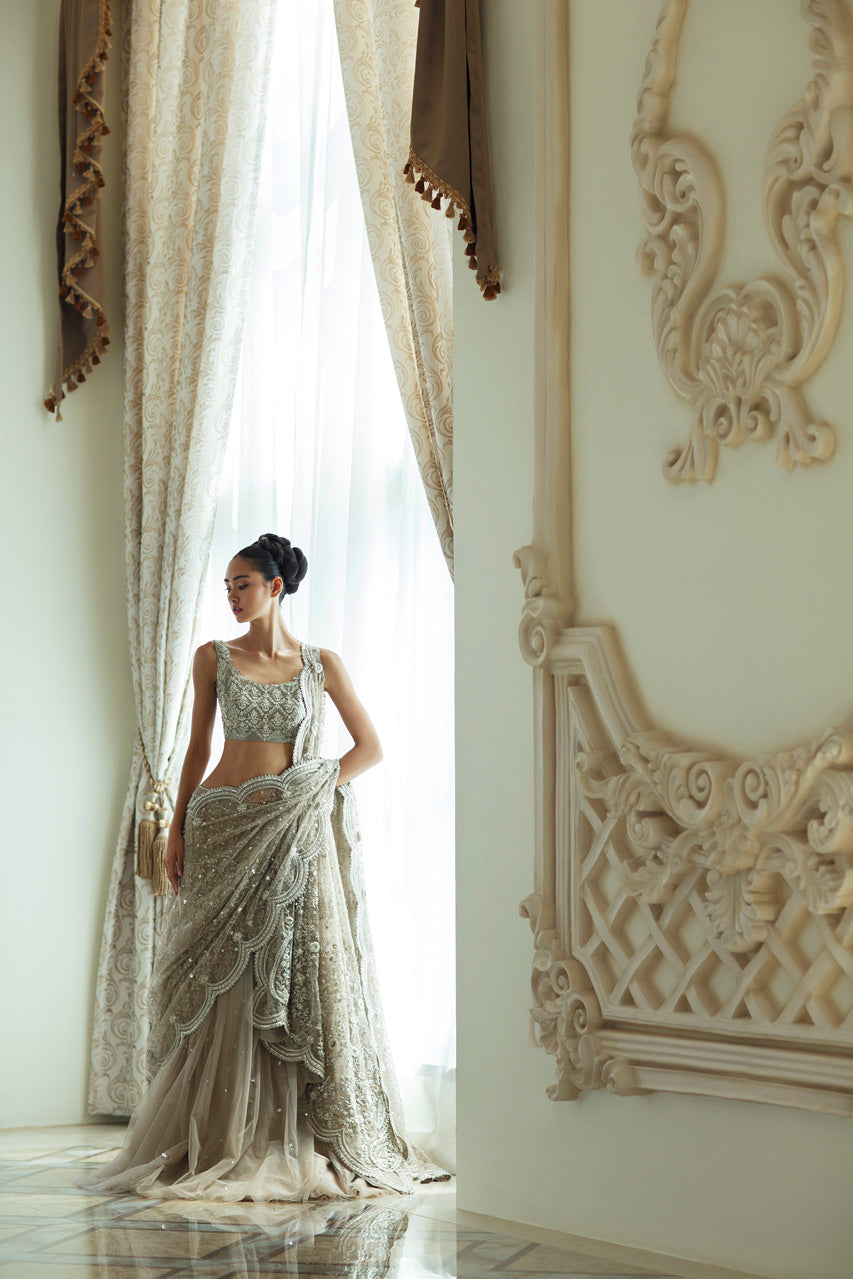 Soft Metallic Embroidered Tissue Lehenga Set (3-Piece) - Image 3