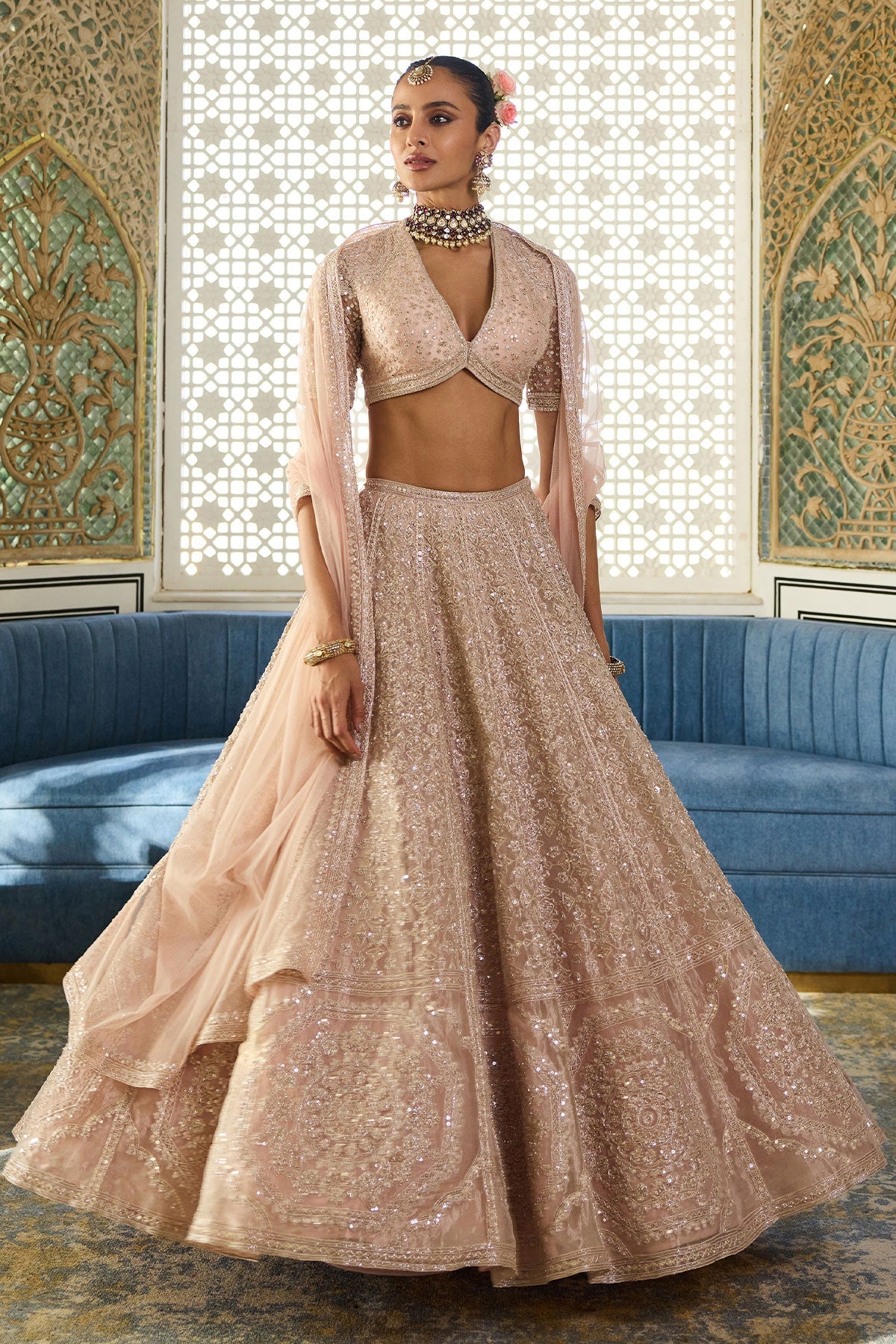Indian Rose Gold Embroidered Tissue Lehenga Set (3-Piece) - Image 1