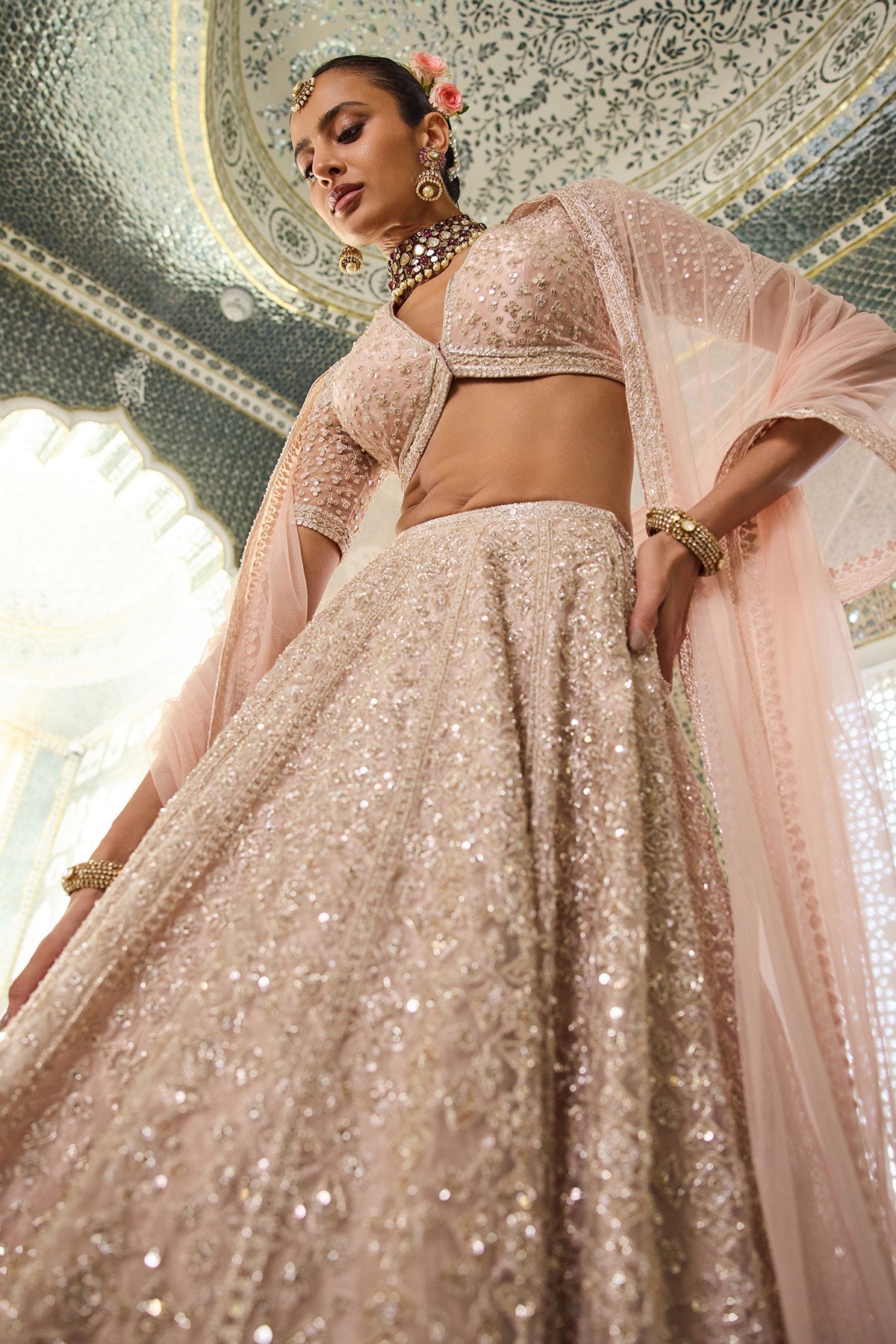 Indian Rose Gold Embroidered Tissue Lehenga Set (3-Piece) - Image 2