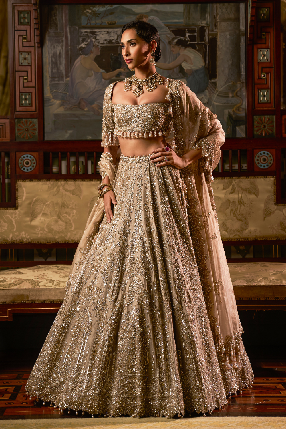 Indian Gold-Silver Embellished Tissue Silk Lehenga (3-Piece) - Image 2