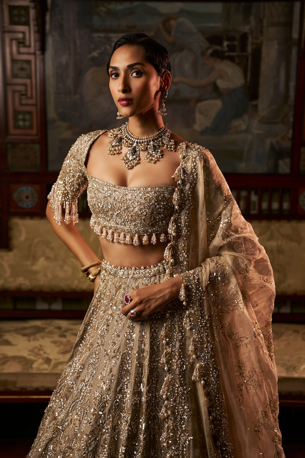 Indian Gold-Silver Embellished Tissue Silk Lehenga (3-Piece) - Image 3