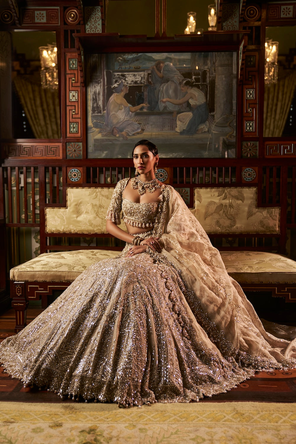 Indian Gold-Silver Embellished Tissue Silk Lehenga (3-Piece) - Image 4
