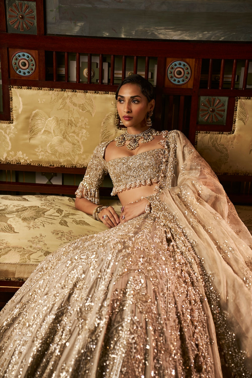 Indian Gold-Silver Embellished Tissue Silk Lehenga (3-Piece) - Image 5