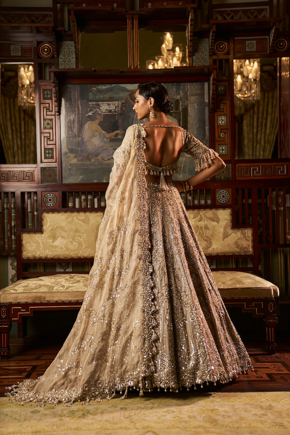 Indian Gold-Silver Embellished Tissue Silk Lehenga (3-Piece) - Image 6